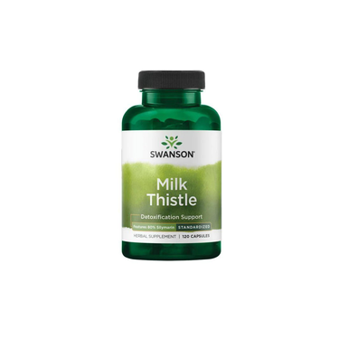 The Swanson Milk Thistle bottle, highlighting 80% silymarin for liver health, contains 120 herbal supplement capsules.